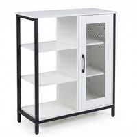 costway mueble auxiliar de cocina con puerta de malla 3 estantes abiertos acero negro paneles blancos madera y tiradores negros 70x30x81 cm para salon o comed