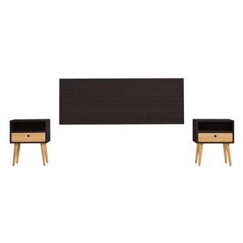 Cabecero Acabado Madera Maciza Natural + 2 Mesitas Con Cajón Y Hueco Acabado Negro / Cera. Medidas Cabecero: 155 X 60 X 2 Cm.