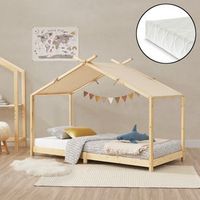 cama para ninos brome forma casita con colchon y techo pino 90x200cm - natural y beige encasa