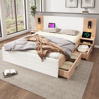 Cama Doble De Madera 140 X 200 Cm Con 2 Cajones, Lámpara De Lectura Y Tomas Usb - Madera Maciza + Mdf - Roble/blanco