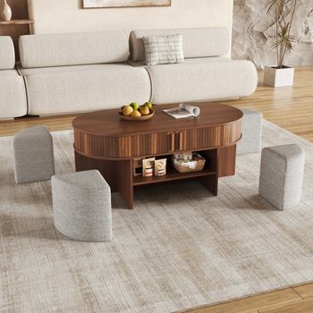 Mesa De Centro Ovalada Con Almacenaje, 120 X 60 Cm Y Puertas Correderas
