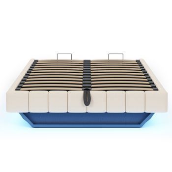 Cama Tapizada 160x200 Cm - Estructura Flotante Hidráulica Con Almacenamiento, Cama Multifuncional Sin Cabecero Con Luces Led - Beige