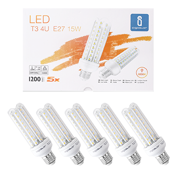 Aigostar - 15W Bombilla LED B5 T3 4U, Lámpara E27, Luz Cálida 3000K, Ángulo 360°, 1200 lúmenes, no regulable -Caja de 5 unidades