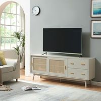 mesa de tv susa con puertas corredoras de polirratan 160x40x65cm beige encasa