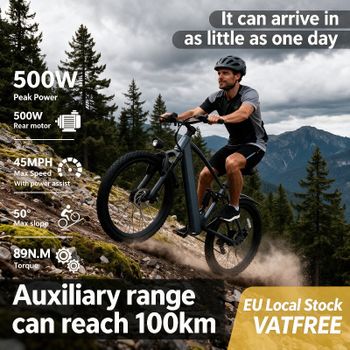 Bicicleta de Montaña Todoterreno de 26 Pulgadas, Motor sin Escobillas de 500W, Alcance Máximo de 100KM, Velocidad Máxima de 45MPH 50 °   Modo de Asistencia al Pedaleo con Capacidad de Ascenso, 7