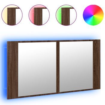 Armario Espejo De Baño | Mueble Baño Led Acrílico Marrón Roble 90x12x45 Cm