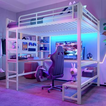 Cama Alta Blanca De 140 X 200 Cm Con Escritorio Integrado