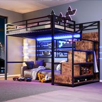cama alta de 140 x 200 cm con rejilla escalera de almacenaje y armario abierto - led - metal y mdf - negro sin colchon