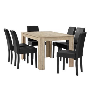 Mesa De Comedor + 6 Sillas Forssa Mdf Y Polipiel 140x90x77cm - Roble Claro + Negro [en.casa]