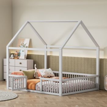 Cama Doble De Casa De Madera Maciza Con Puerta, Blanca, 140x200 Cm