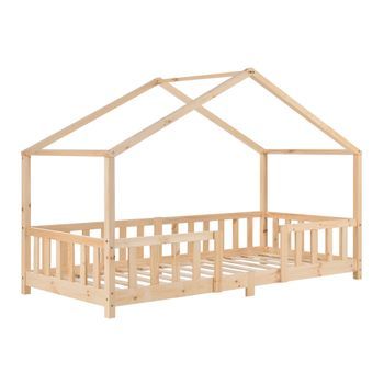 Cama Para Niños De Madera Pino - 90 X 200 Cm - Cama Infantil Con Reja Protectora - Casita - Forma De Casa - Pino Natural [en.casa]®