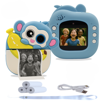 R'S WARE - Cámara instantánea para niños con diseño de mono azul, impresión sin tinta, grabación 1080P, selfie, música, video y 4 juegos integrados, incluye 3 rollos papel térmico