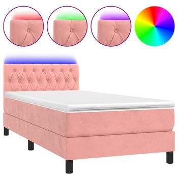 Cama Para Adulto | Cama Individual | Cama Box Spring Colchón Y Led Terciopelo Rosa 90x190 Cm