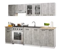 cocina modular con vitrina 240 cm oliwia gris hormigon 11 puertas 1 cajon 240x46x203 cm