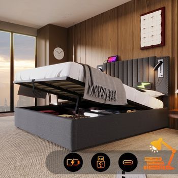 Cama Doble 180x200 Gris Algodón, Baúl Almacenamiento, Somier Lamas, Lámpara Lectura Led, Carga Usb, Respaldo Remaches.