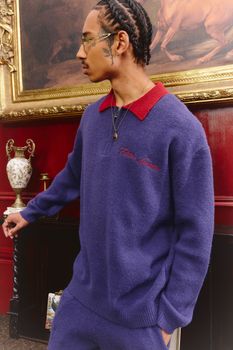 Oversized Varsity Embroidered Knitted Polo Jumper, Navy