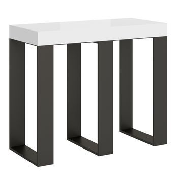 Consola Extensible Blanca Con Patas De Metal Antracita, 14 Personas, De 40 A 300 Cm Sivy
