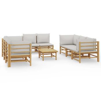 Set De Muebles De Jardín 9 Piezas Bambú Y Cojines Gris Claro Vidaxl