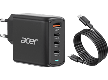 Cargador para portátil - Acer Gan Charger 100W, 3x USB-C, 1x USB-A: 20W+67W+18W, Carga rápida, Negro