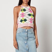 ganni intarsia-knit cotton halterneck top - xl
