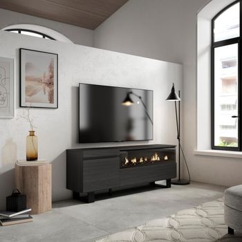 Mueble tv efecto madera negro 150x35x57cm chimenea efecto fuego