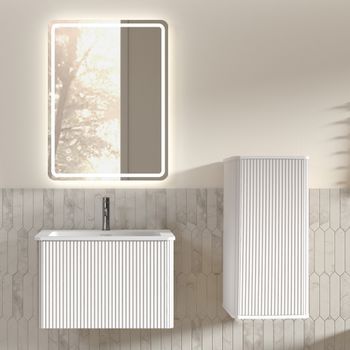 Conjunto De Mueble De Baño Con Lavabo Y Espejo Led, Suspendido De 60 Cm, Blanco Acanalado
