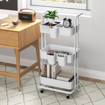 Carro Plegable De Almacenaje Con 3 Niveles Y Tazas Colgantes Para Cocina Oficina Blanco