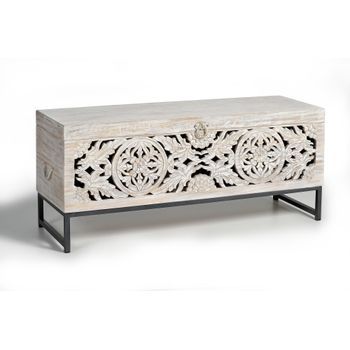 Baúl Madera De Mango Y Patas Metal En Blanco Envejecido