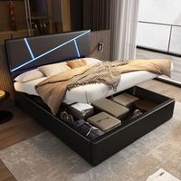 cama tapizada doble 140x200 hidraulica tiras luz led somier laminas respaldo cuero sintetico negro