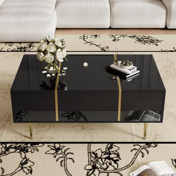 Mesa De Centro Negra Y Dorada De Alto Brillo, 100 X 60 Cm, Con 2 Cajones
