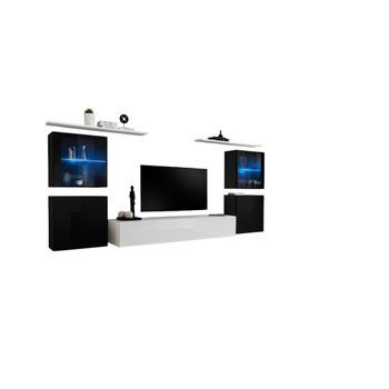 Conjunto De Muebles De Salón Mural Switch Xiv De Diseño, En Colores Blanco Y Negro Brillante.