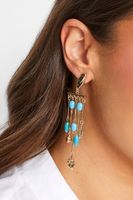 pendientes dorados largos con cuentas azules
