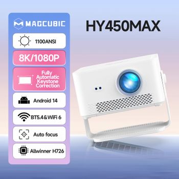 Proyector Portátil para Exteriores Magcubic HY450MAX, 1100ANSI, 1080P, Enfoque Automático, Compatible con 8K, Android 14, WiFi6, Mini Proyector Beam