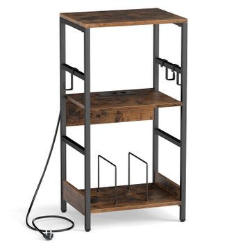 Costway Soporte Tocadiscos con Estación Carga Estante Vinilos Separadores 3 Ganchos Patas Metálicas 3 Niveles para Salón Marrón Rústico