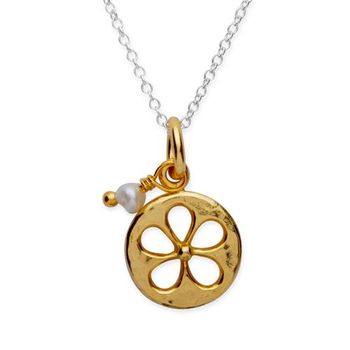 Cadena de plata chapada en oro colgante flor y perla