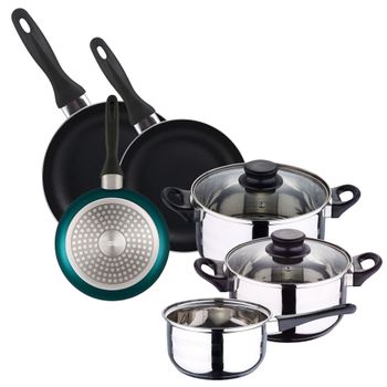 Batería de cocina de acero inox y sartenes azul ø16,20,24 cm