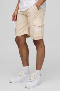 Pantalón Corto Holgado Cargo Estampado De Largo Medio, Beige