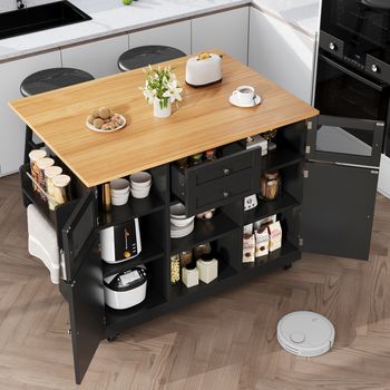 Isla De Cocina - Negra - Superficie Ajustable - Ruedas Giratorias - Almacenamiento Versátil