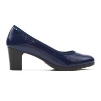 zapato salon en piel moteada acharolada color azul marino con tacon modelo tortuga