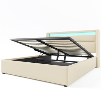 Cama Tapizada De 160x200, Doble, Con Almacenamiento Hidráulico Y Tira Led, Blanca (con Mando A Distancia).
