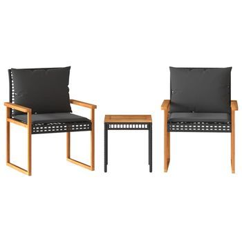Mesita Y Sillas Con Cojines 3 Uds | Conjunto Mueble Jardin Ratán Pe Madera Acacia Negro