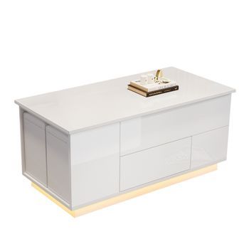 Mesa De Centro Led 4 En 1 100 X 50 X 45 Cm - Con 2 Cajones - Brillo Con Sofá Y 2 Taburetes - Blanco
