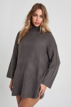 Vestido Jersey Estilo Túnica Con Cuello Vuelto, Gris