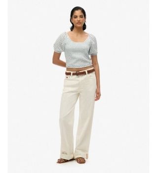 Superdry para mujer. W6011857A Top Smocked Woven azul (S), Casual, Viscosa, Manga corta