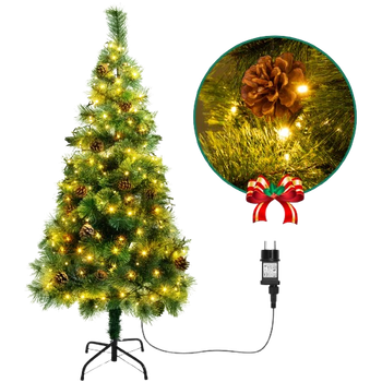 Aigostar 150 CM Árbol de Navidad Artificial,con Cadena de luces LED de 13 M,200 LED Blanco cálido,8 Modos de Iluminación,Ramas Aguja de Pino con Piñas,Verde,Incluye Soporte de Meta