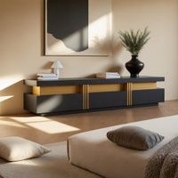 mueble tv moderno efecto marmol negro dorado con tres cajones