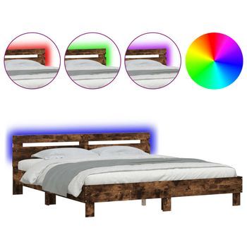 Cama Matrimonial | Cama Para Adultos | Estructura De Cama Cabecero Y Luces Led Roble Ahumado 180x200cm