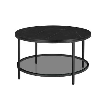 Mesa de Centro Sofá de Mármol de Imitación Redonda Estante de Vidrio, Mármol Negro + Negro Tinta / 80 x 46 cm