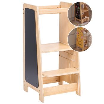 Torre De Aprendizaje Para Cocina Con Pizarra Infantil Estructura De Madera De Pino Con Escalones Marrón Claro Klori