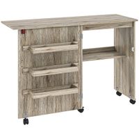 homcom mesa de costura plegable mueble costura abatible con cubetas de almacenamiento estante abierto y ruedas efecto madera gris